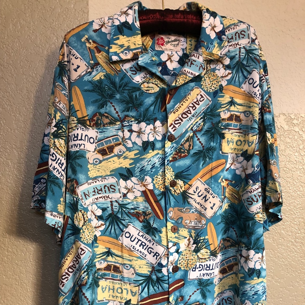 Hilo Hattie Hawaiian Shirt License Plate Hibiscus Surfboard Hula Girl Size L